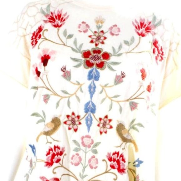 Johnny Was Womens Short Sleeve Floral Embroidered Shirt Ivory Cotton Size Small